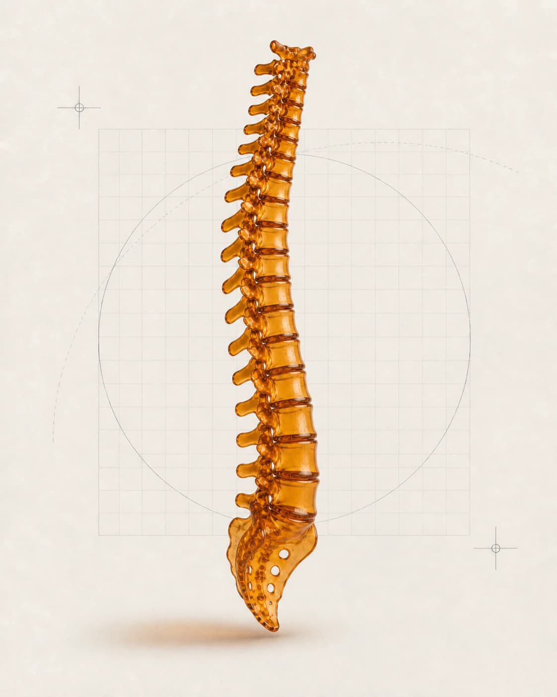 Stylized amber glass spinal column against a fine measurement grid.